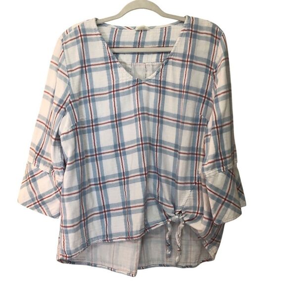 2/$30 Tribal Jeans Women’s Top Sz XL Blue and Red Plaid Tie Front - Picture 1 of 8